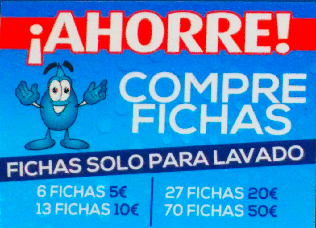 Promoción de fichas para lavado en Aquanet Paiporta: 6 fichas por 5 euros, 13 por 10 euros, 27 por 20 euros y 70 por 50 euros. Solo para uso en servicios de lavado.